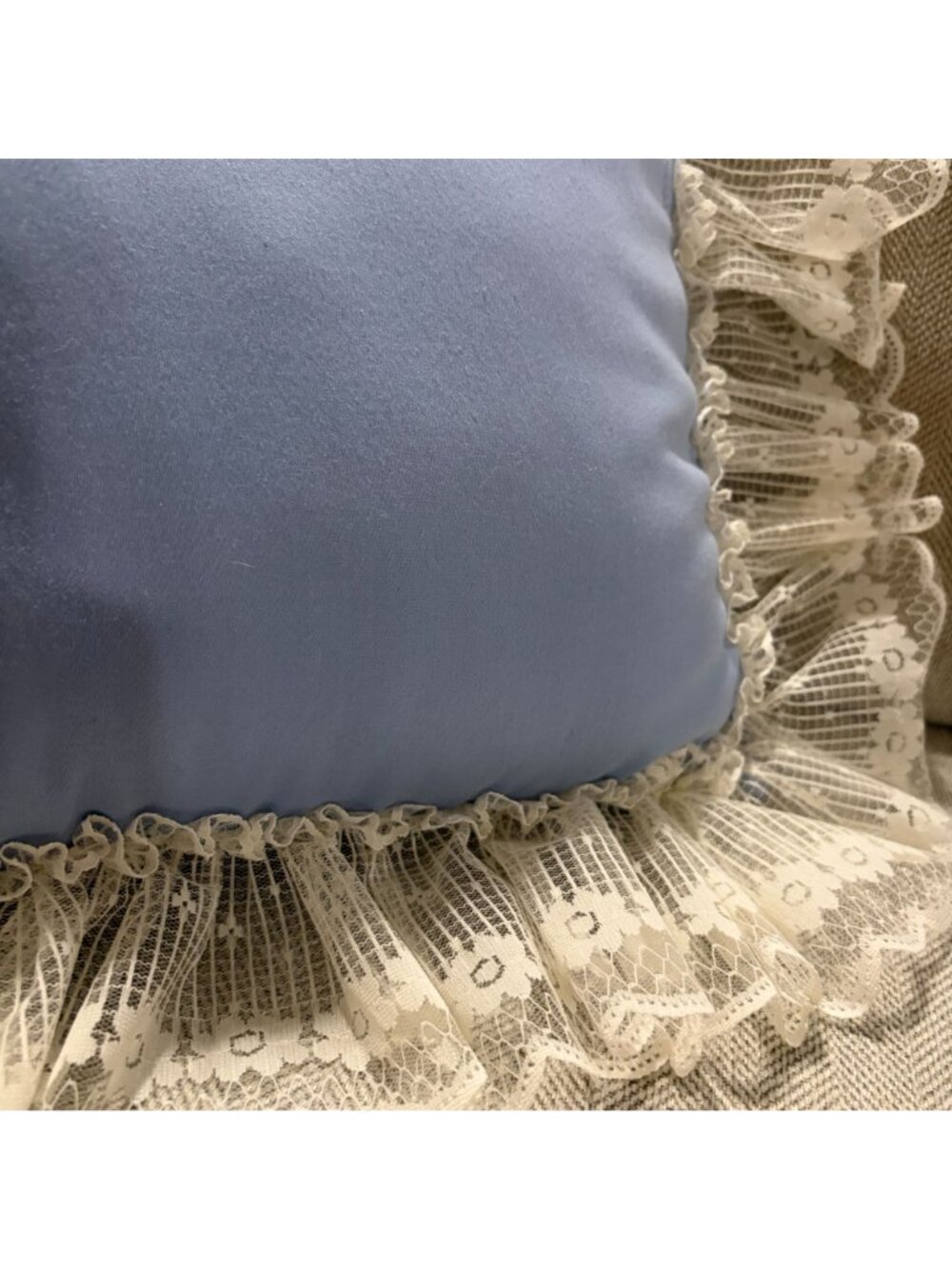 Vintage Handmade Blue Cotton Throw Pillow Wide Off White Lace Trim Ribbon Bow Ac - Picture 3 of 4